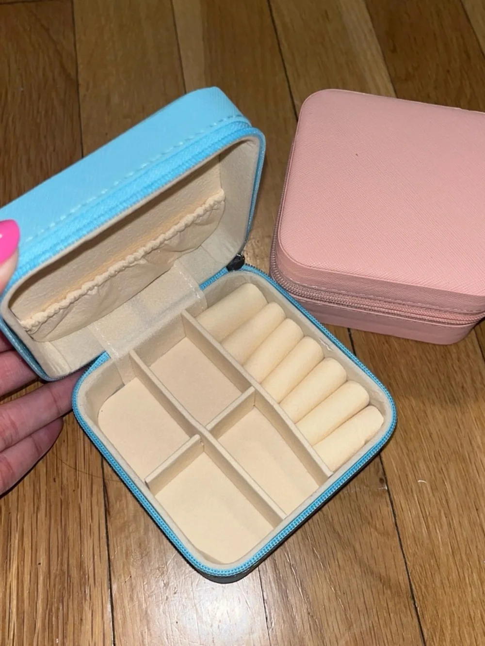 Compact Travel Jewelry Organizer Case - Multi-Compartment (Baby Blue + Pink)